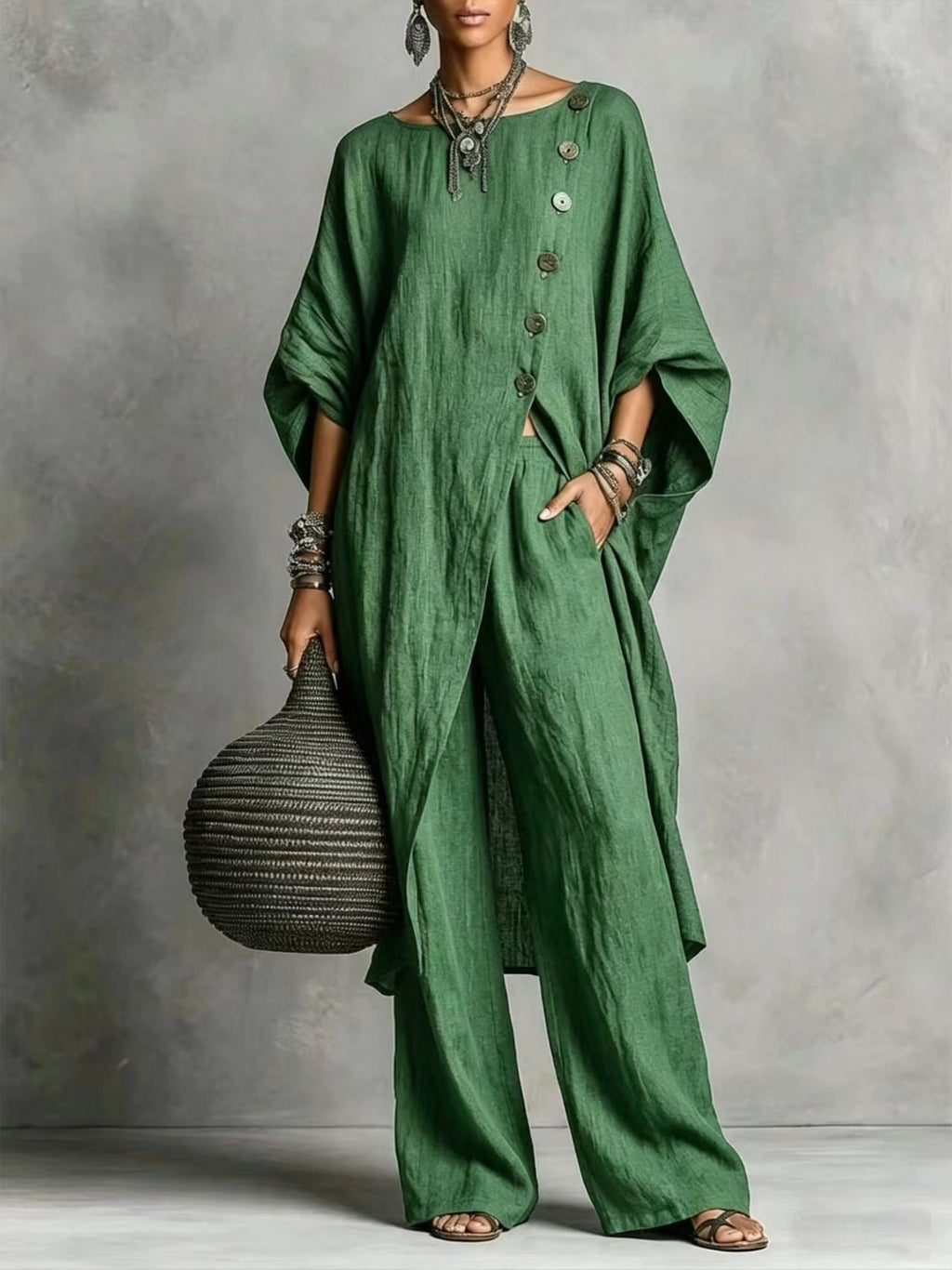 Women's Drop Shoulder Irregular Hem Tunic and Wide Leg Pants Set - Image 7