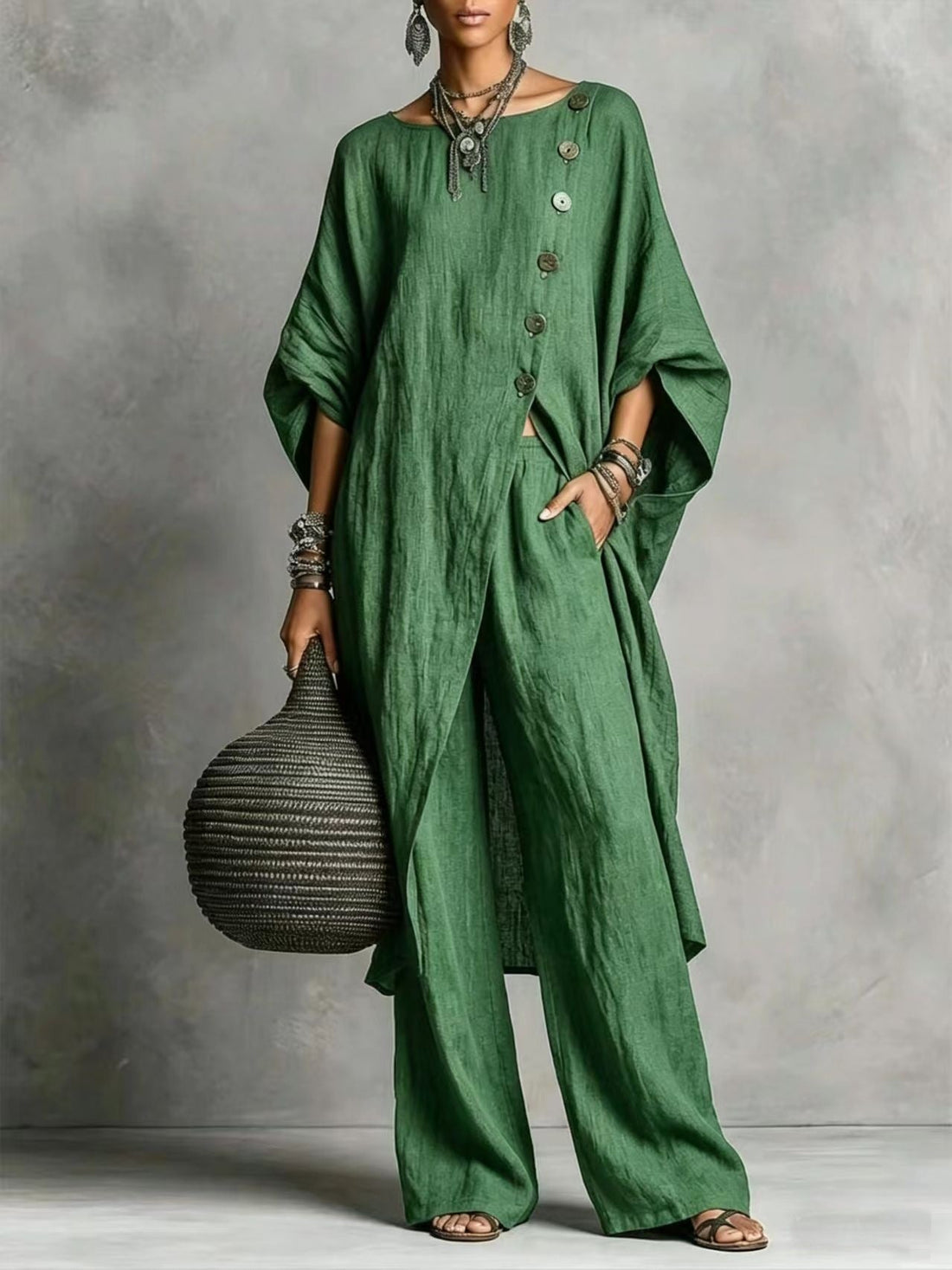 Women's Drop Shoulder Irregular Hem Tunic and Wide Leg Pants Set - Image 7