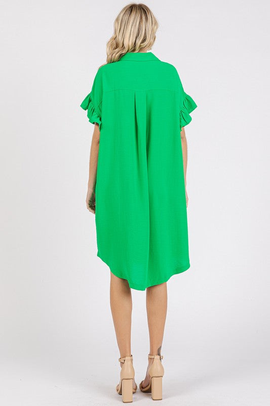Button Down Midi Dress with Flounce Sleeves and Pockets