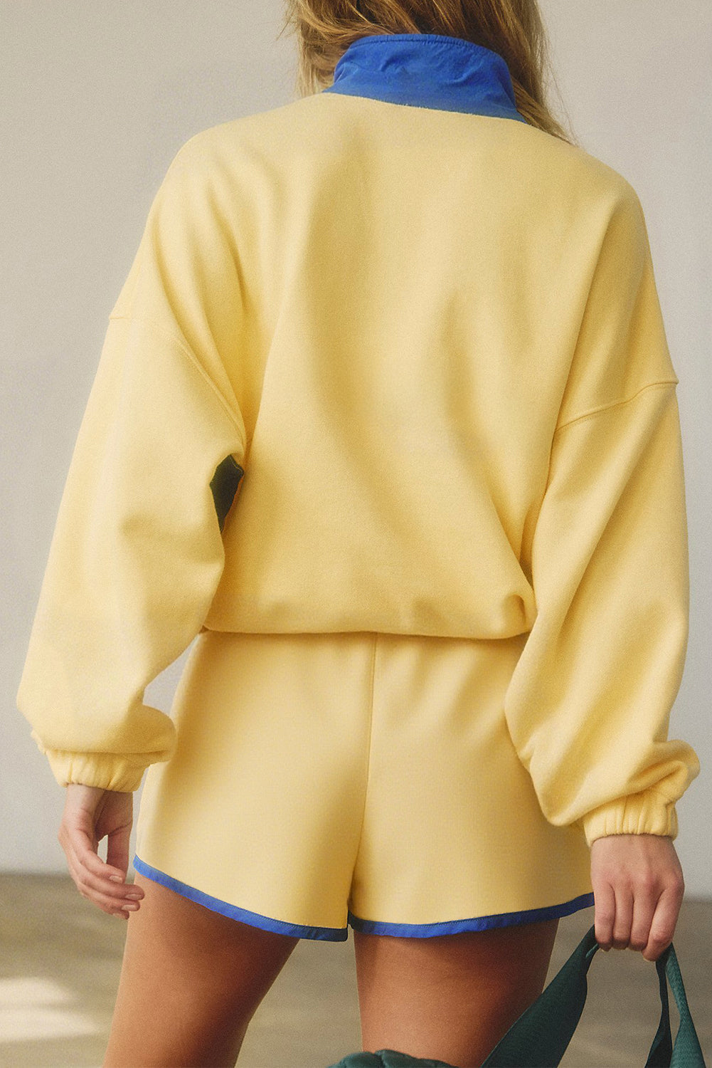 Yellow Colorblock Patchwork Half Button Pullover Shorts Set