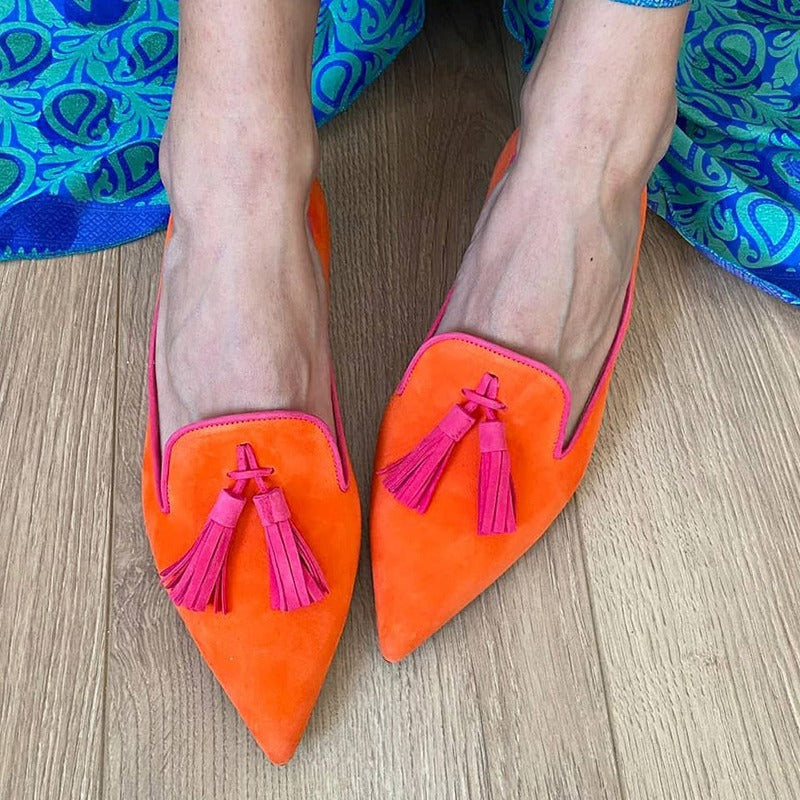 Women's Purple Pointed Toe Suede Flats with Gold Tassel Detail - Image 5