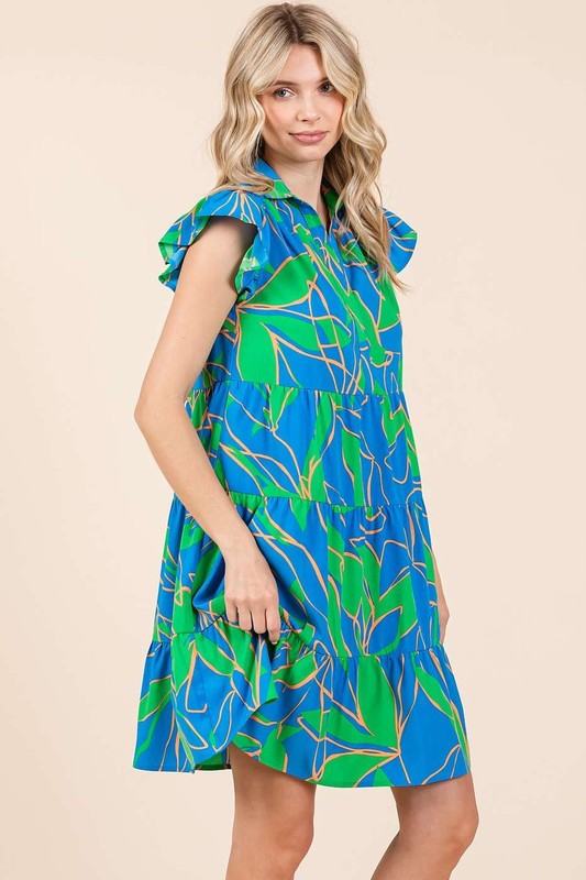 Leaf Print Ruffle Sleeve Tiered Mini Dress
