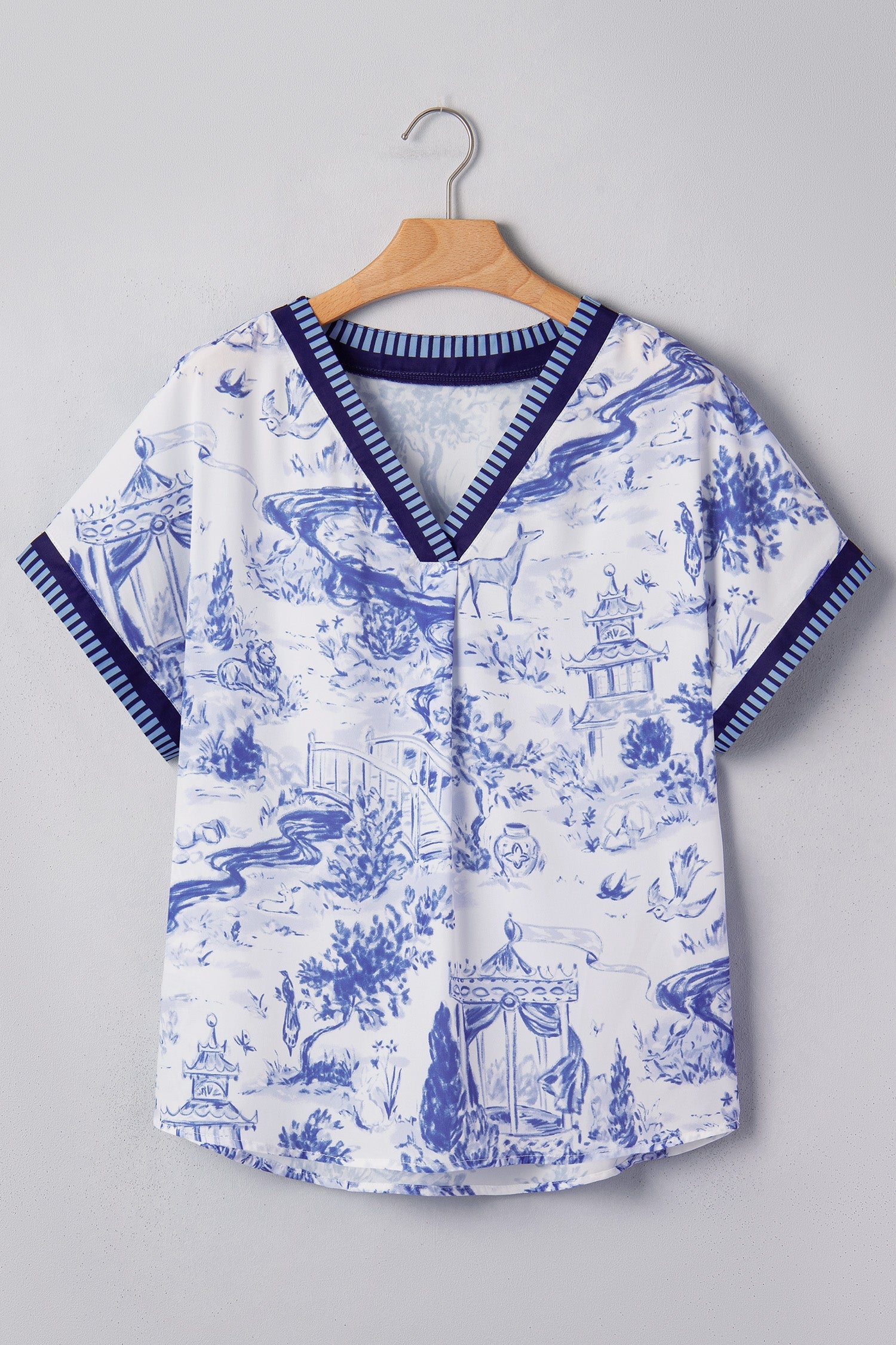 Floral Print V-Neck Blouse with Stripe Trim and Short Sleeves