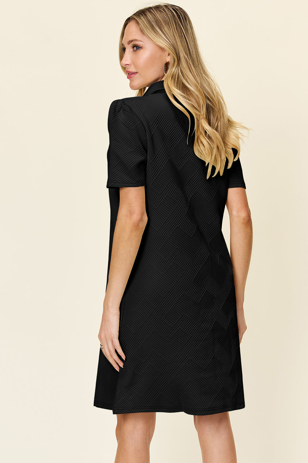 Collared Neck Short Sleeve Textured Mini Dress for Women