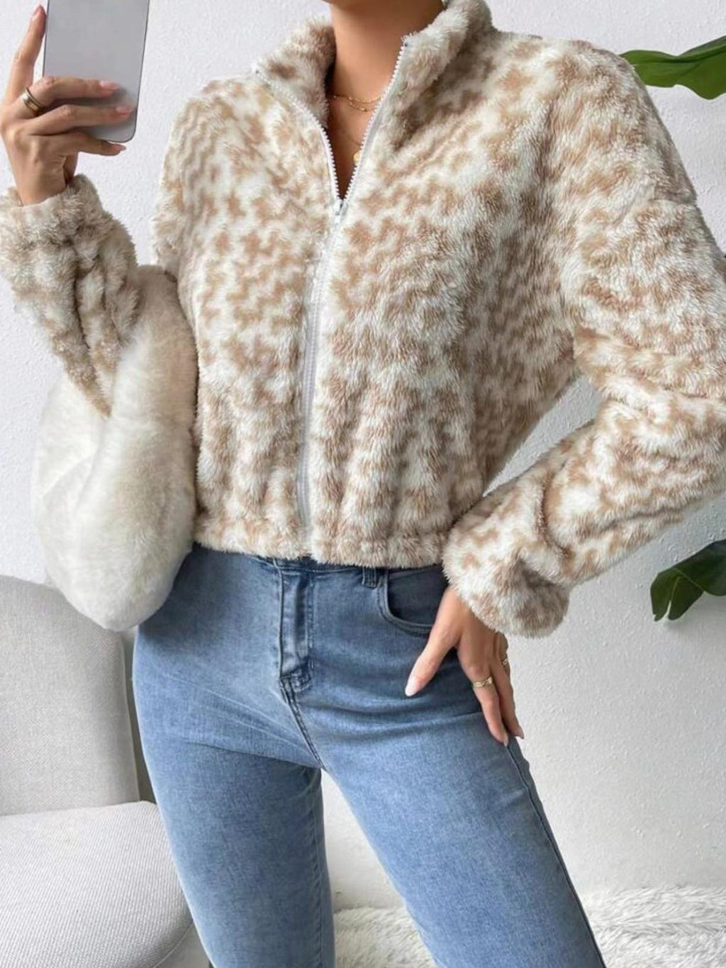 Zip Up Long Sleeve Fuzzy Outerwear | Cropped Casual