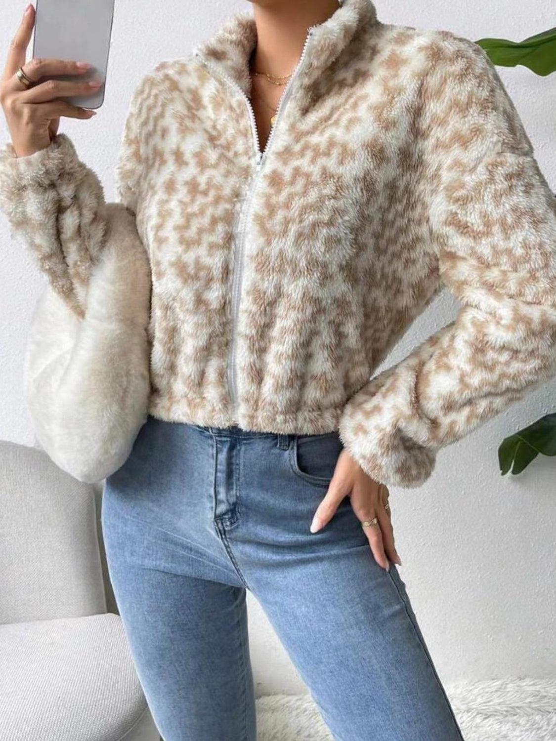 Zip Up Long Sleeve Fuzzy Outerwear | Cropped Casual