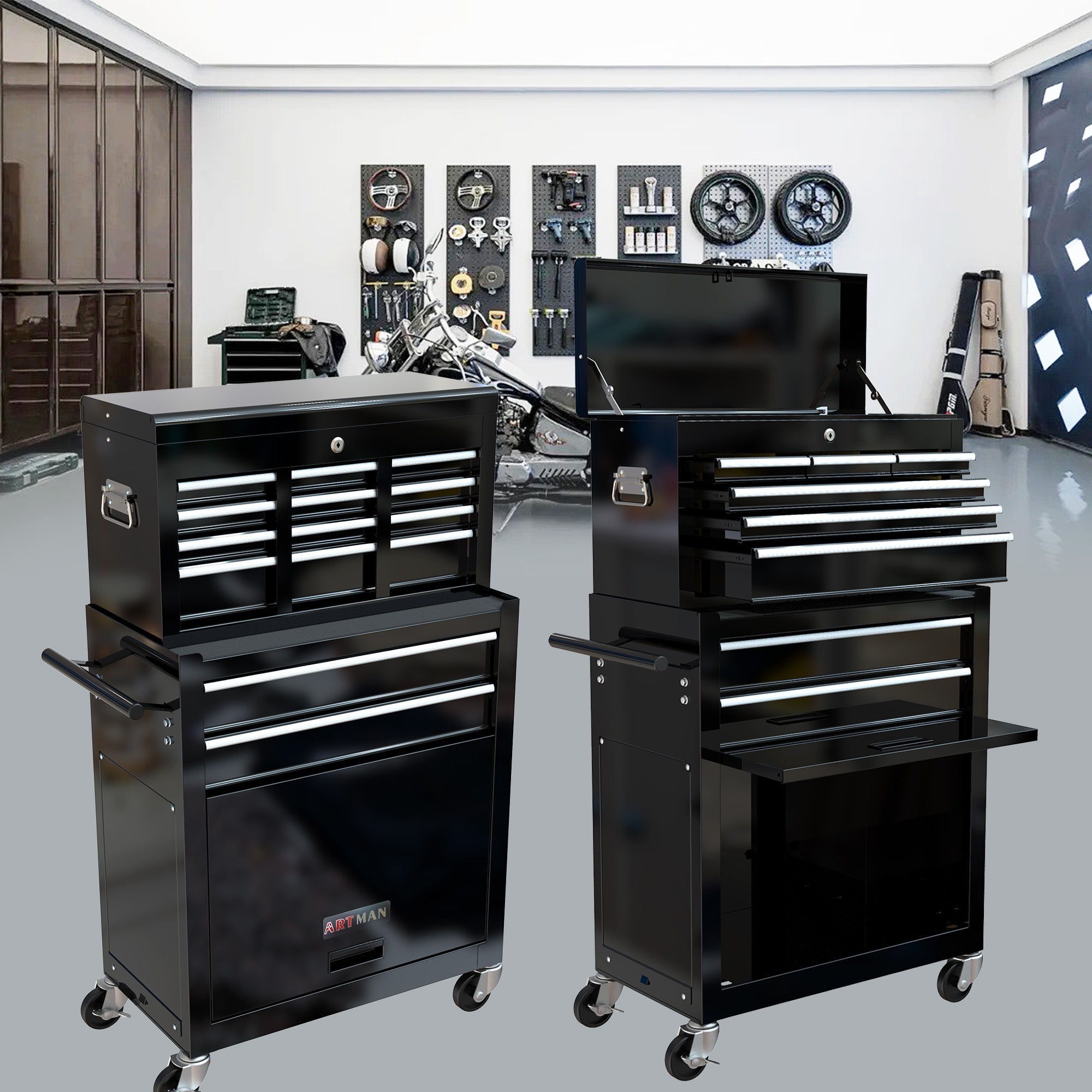 8-Drawer Industrial Rolling Tool Cabinet in Black - Storage Cart