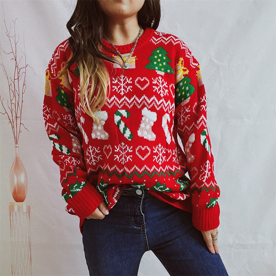 Women’s Festive Loose Round Neck Long-Sleeve Holiday Sweater - Image 3