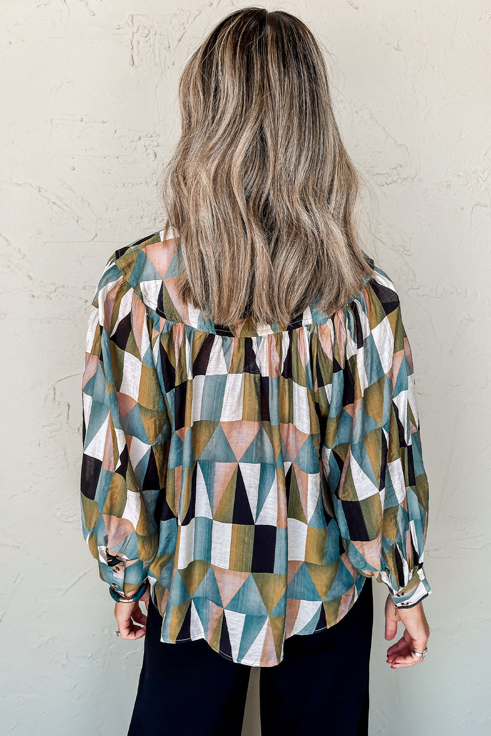 Green Geometric Print Balloon Sleeve Shirt | Loose Fit