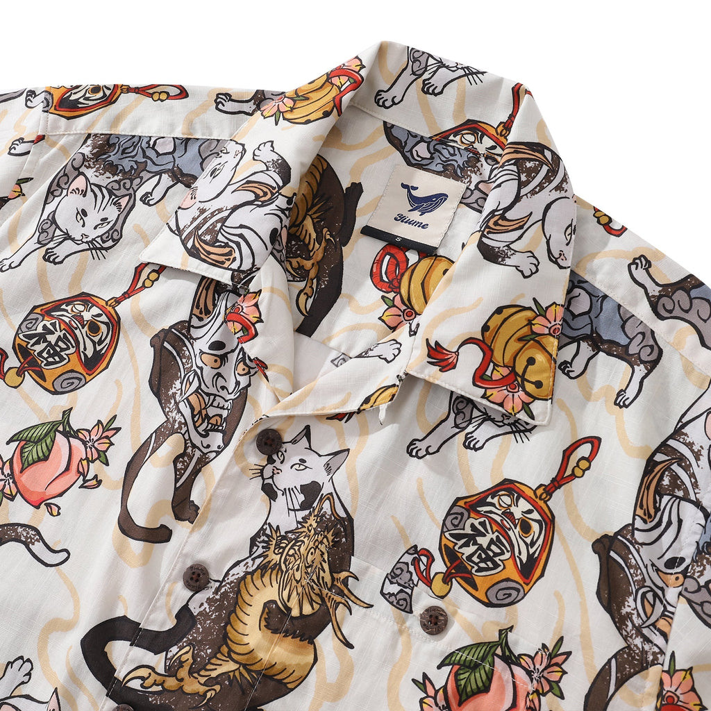 Men's Ukiyo-e Cat Print Cotton Hawaiian Camp Collar Short Sleeve