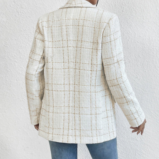 Women's White Windowpane Linen Blazer Jacket