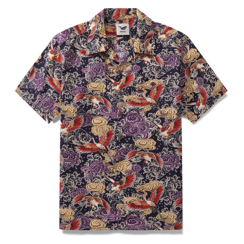 Men's camp collar shirt featuring a crane illustration print in navy, red, gold, and purple.