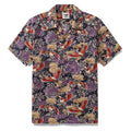 Men's camp collar shirt featuring a crane illustration print in navy, red, gold, and purple.
