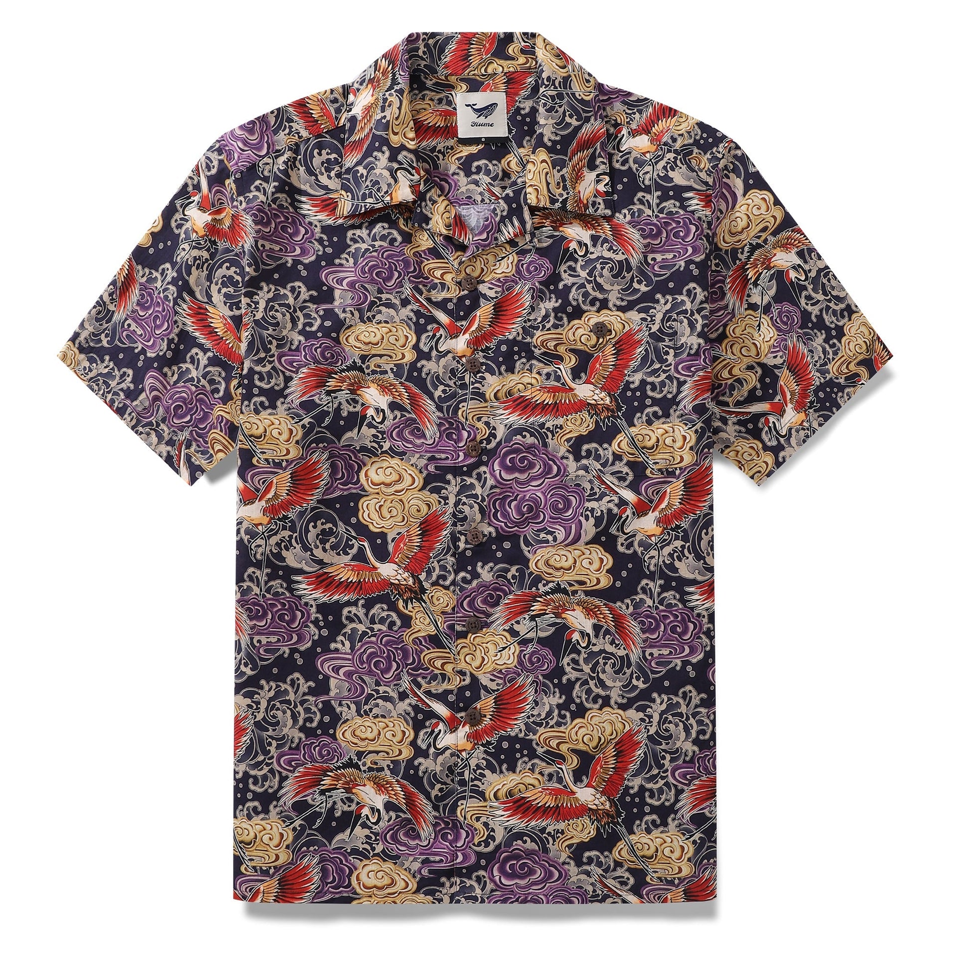 Men's camp collar shirt featuring a crane illustration print in navy, red, gold, and purple.