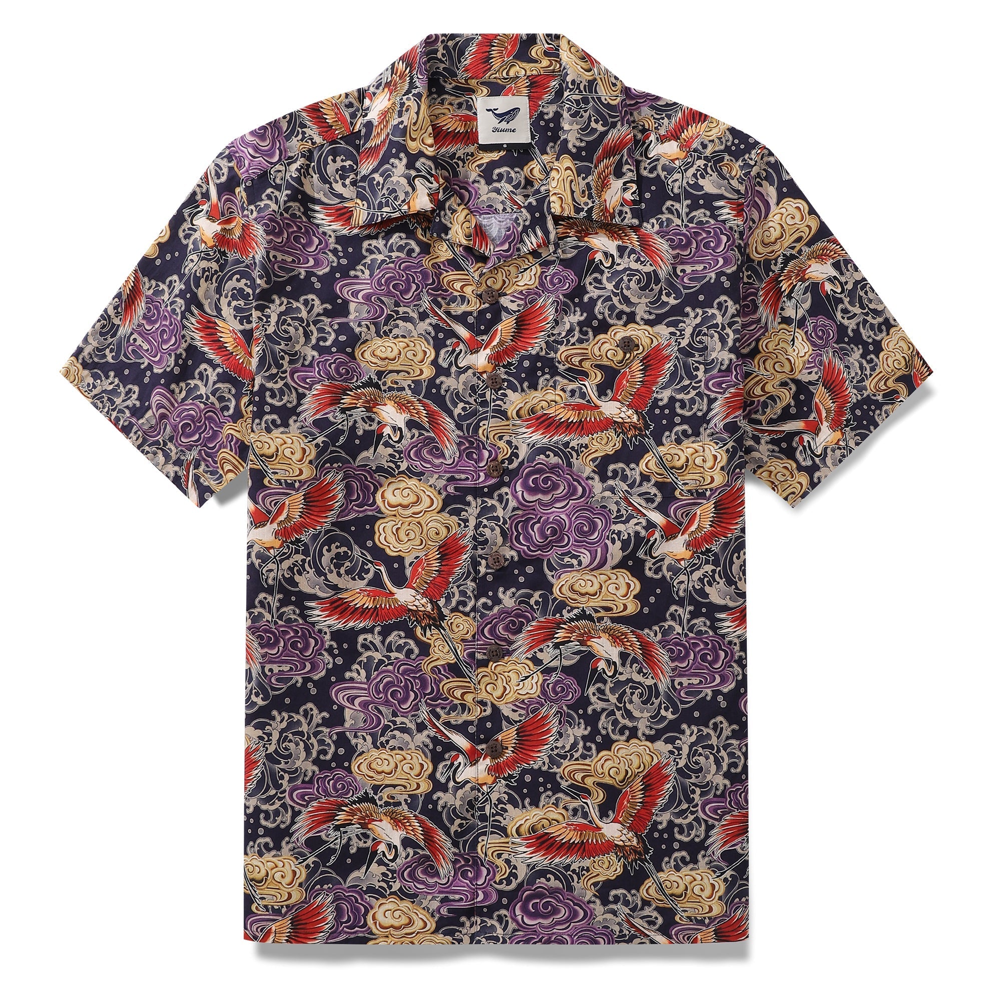 Men's camp collar shirt featuring a crane illustration print in navy, red, gold, and purple.