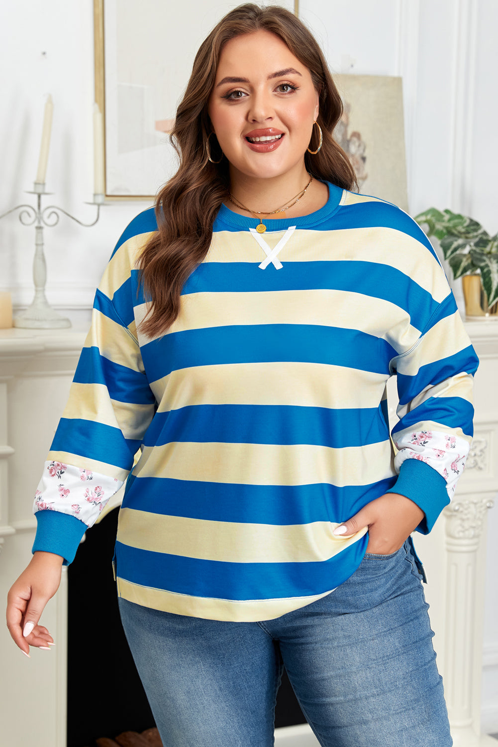 Plus Size Stripe Floral Colorblock Drop Shoulder Top