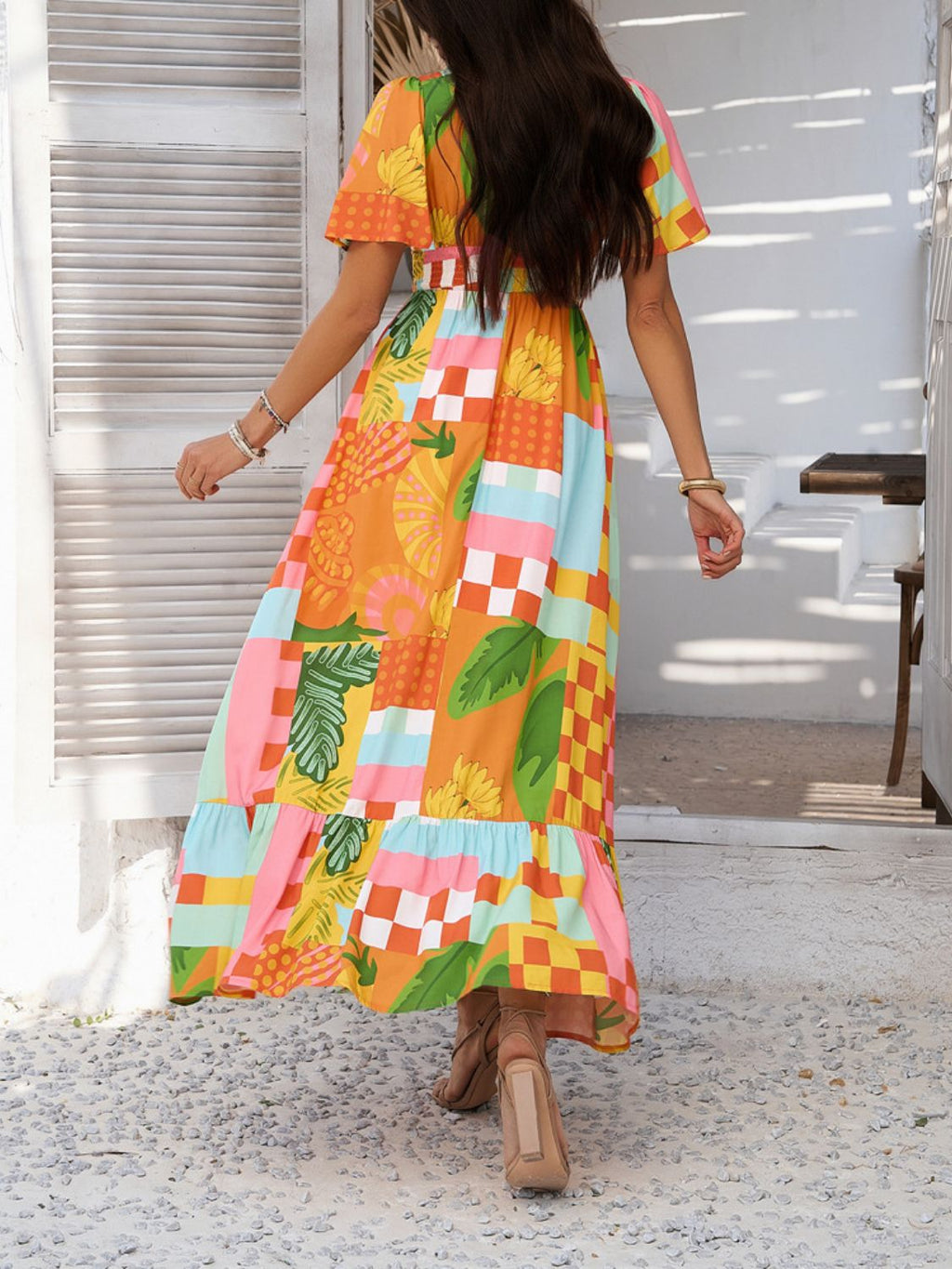 Printed V-Neck Short Sleeve Maxi Dress with Smocked Detail