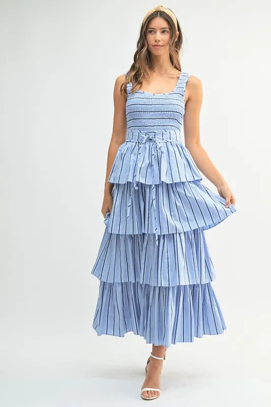 Pinstripe Smocked Bodice Layered Midi Dress in Light Blue