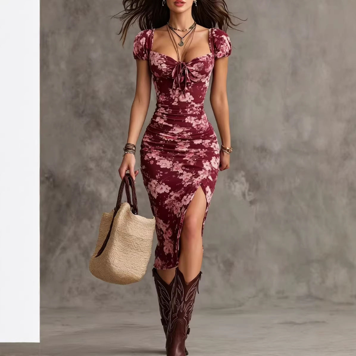 Green Floral Puff Sleeve Ruched Maxi Dress with Side Split - Image 3