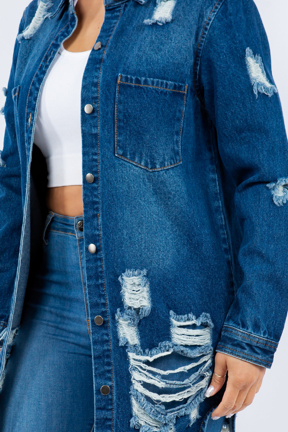 American Dark Blue Bazi Distressed Button Up Long Sleeve Jacket