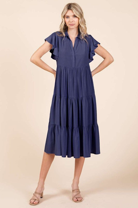 Navy Blue Ruffle Sleeve Tiered Midi Dress with Collared V-Neck
