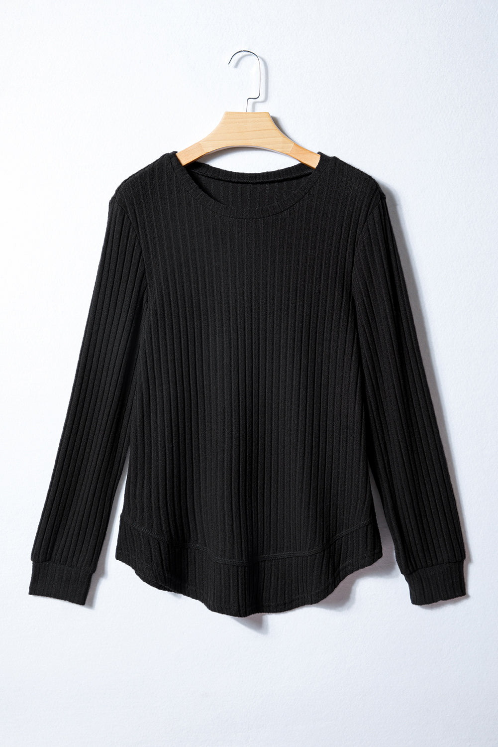 Women's Ribbed Knit Round Neck Top in Beige and White