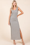 Beige and black striped knit sleeveless maxi dress, casual summer style