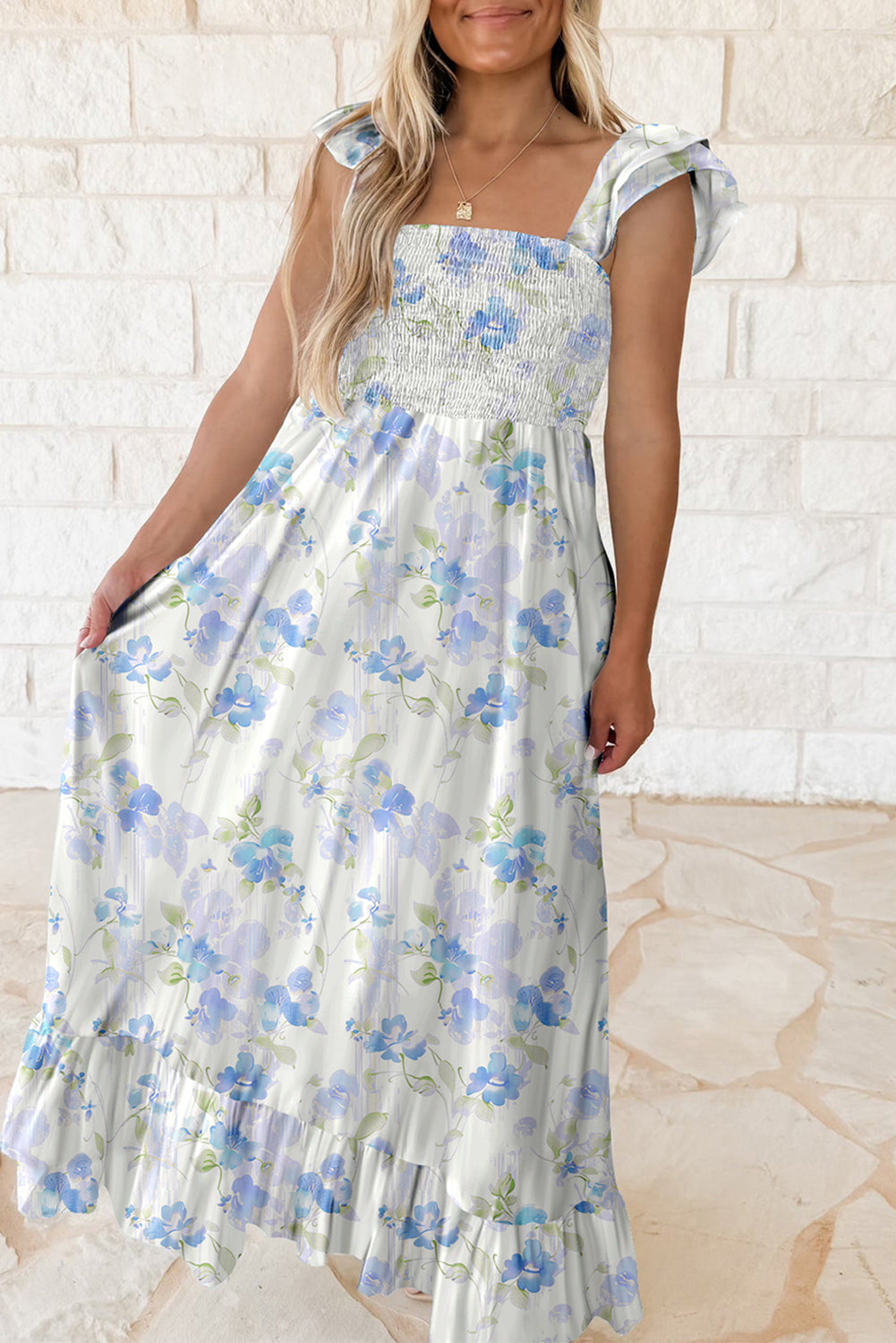 Sky Blue Floral Smocked High Waist Maxi Dress | Sleeveless