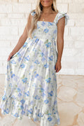 Sky Blue Floral Smocked High Waist Maxi Dress | Sleeveless