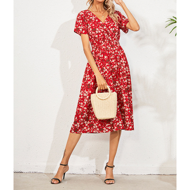 Boho Floral Print V-Neck Mini Dress with Smocked Waist
