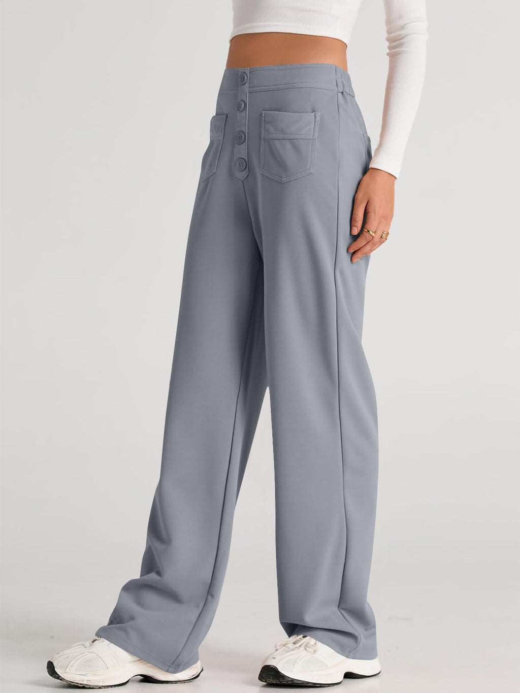 High Waist Wide Leg Pants | Black Polyester Relaxed Fit