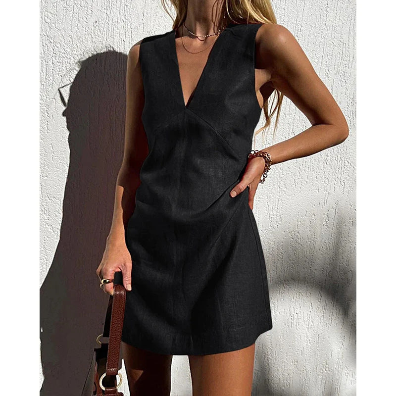 🌿 V-Neck Cotton & Linen Sleeveless Mini Dress