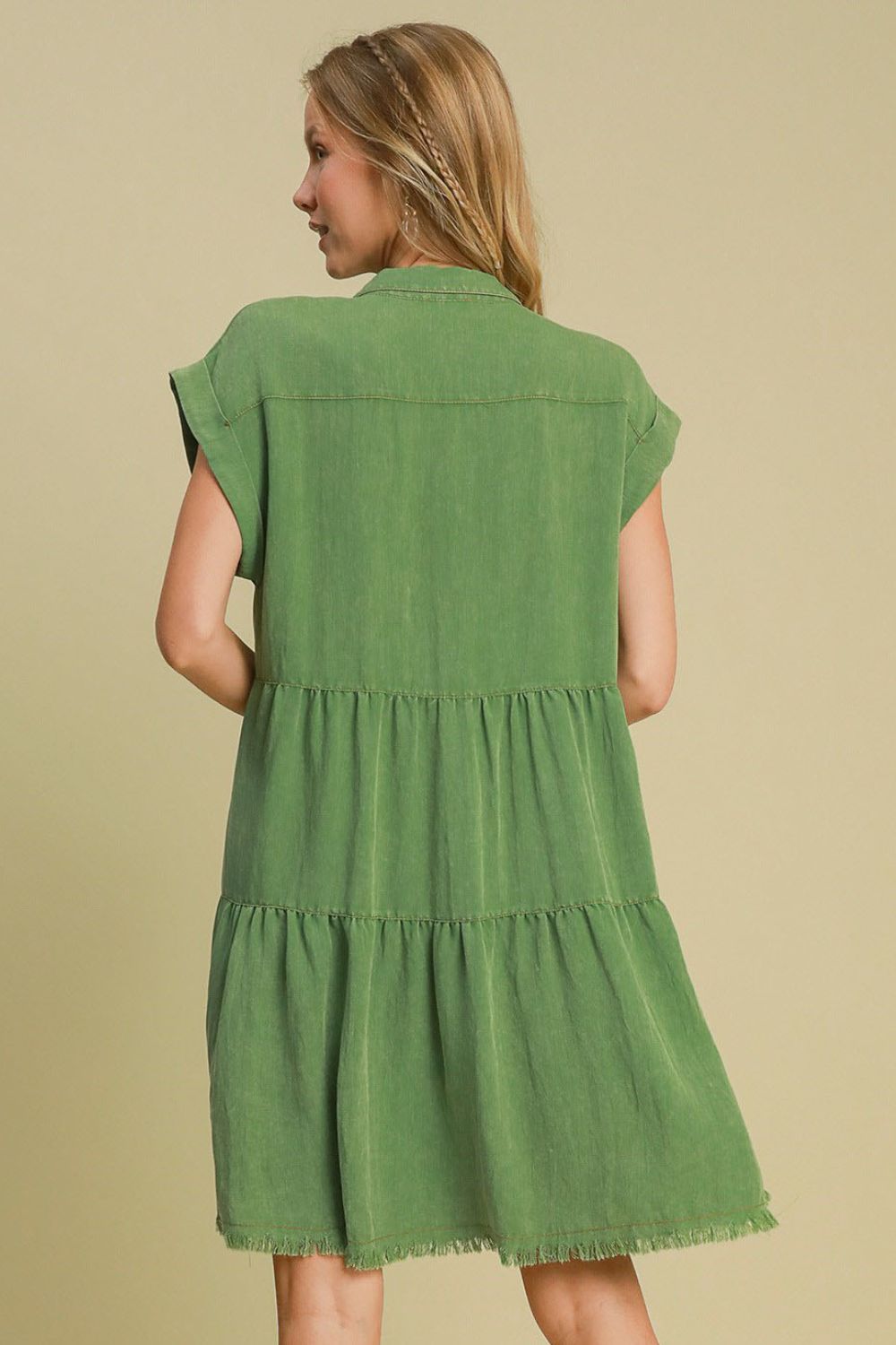 Green Denim Button-Down Shirt Dress Casual Bohemian Midi