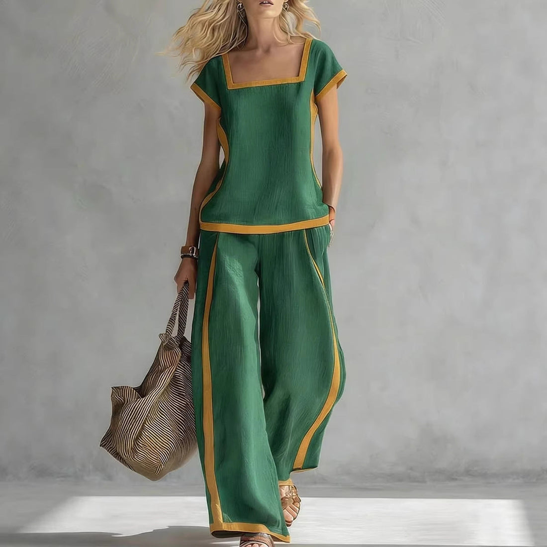 Women’s Square Neck Short Sleeve Two Piece Pants Set with Trim - Image 3