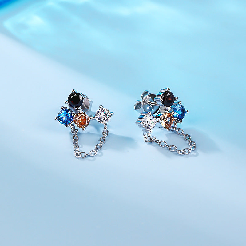 S925 Silver Asymmetric Multicolor Zircon Tassel Drop Earrings