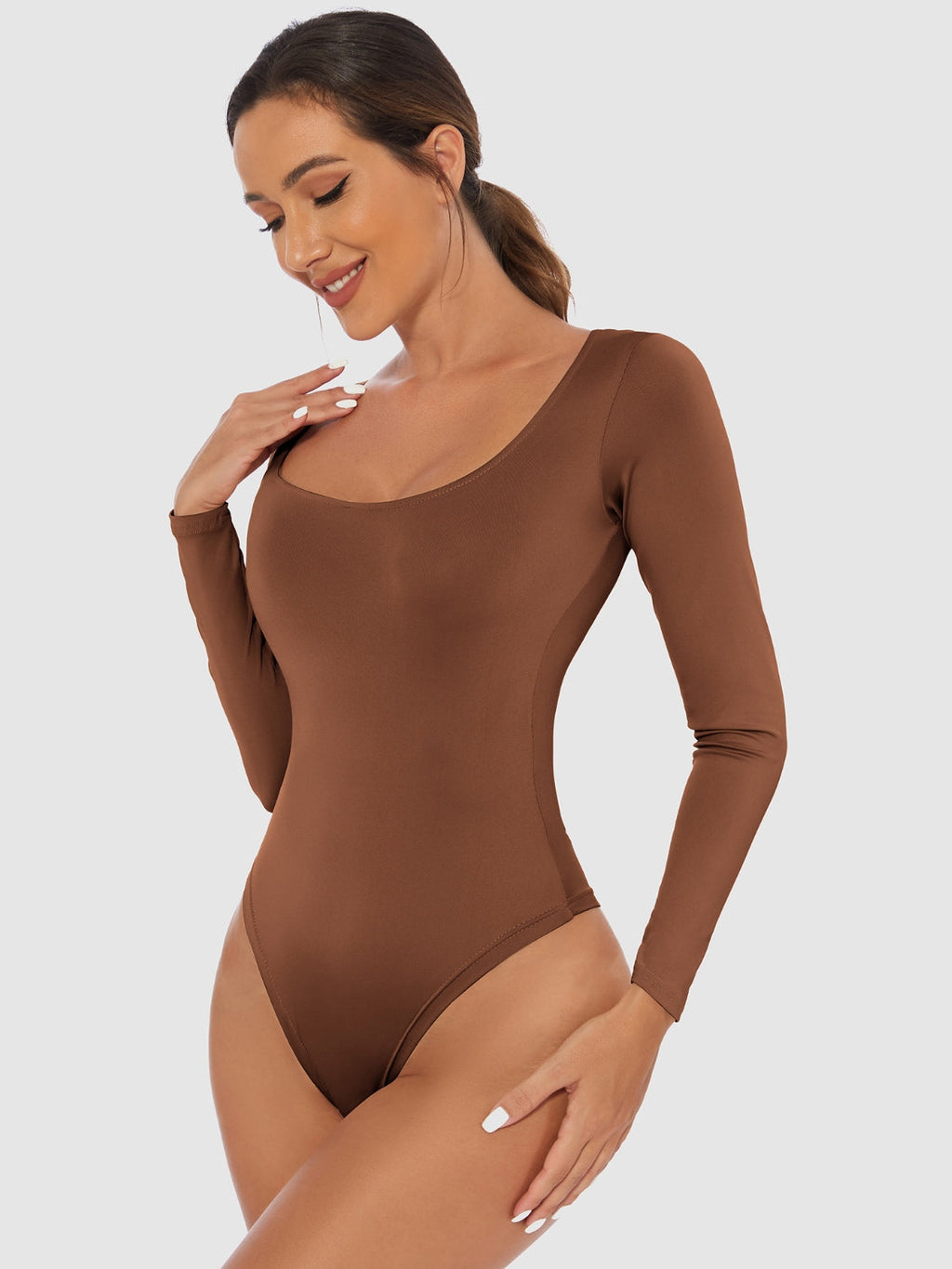 Women's White Long Sleeve Scoop Neck Basic Bodysuit - Image 8