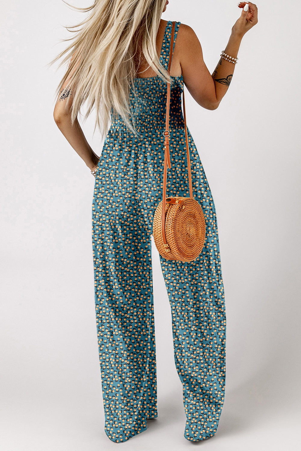 Green Floral Square Neckline High Waist Stretch Jumpsuit