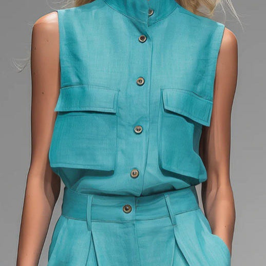Women’s Sleeveless Button-Down Vest and Wide-Leg Pants Set - Image 4