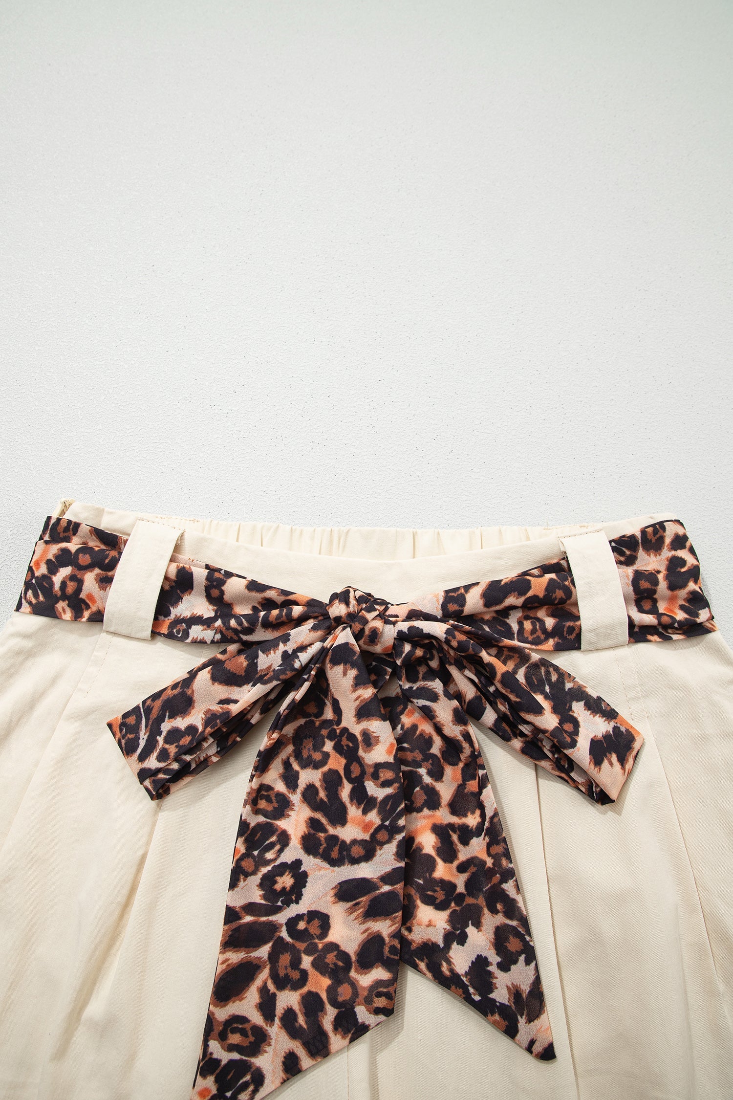Ariel Pleated Wide Leg Shorts in Beige with Leopard Sash Belt