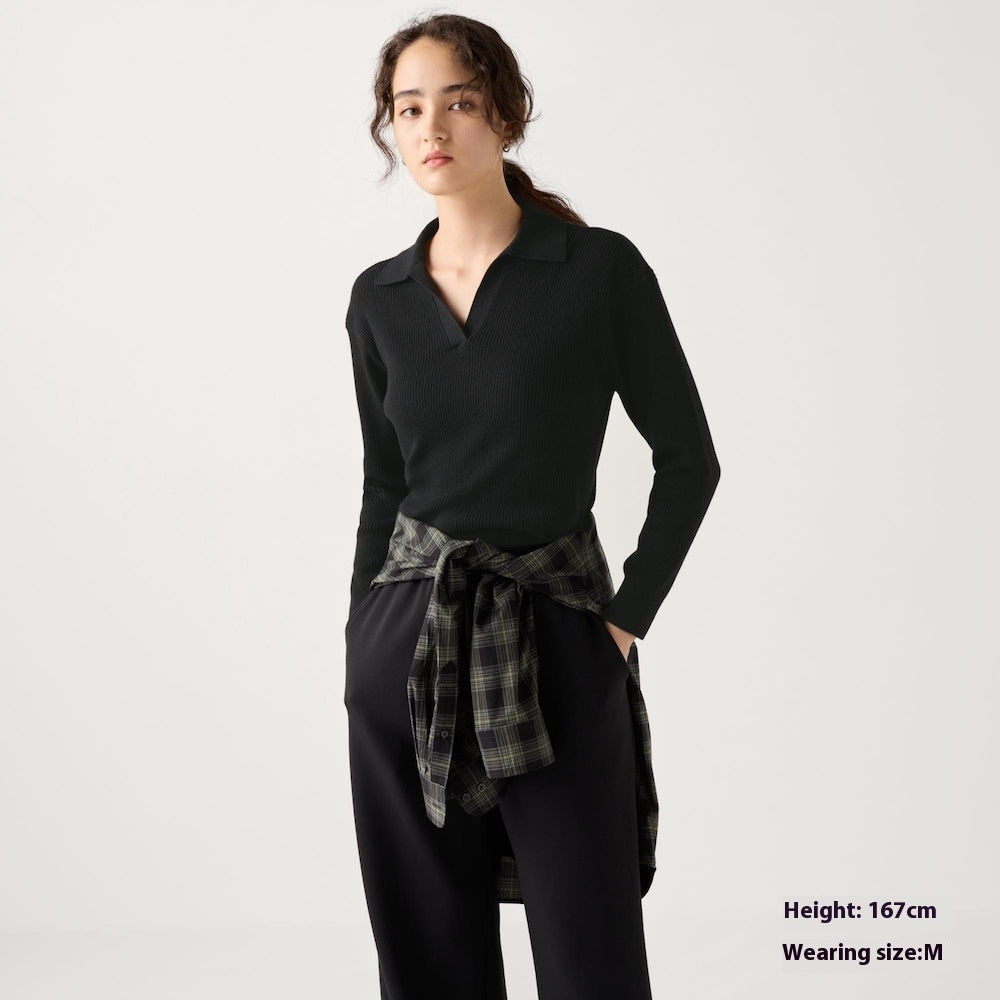 Women’s Ribbed Half-Open Collar Sweater in Taupe - Image 8