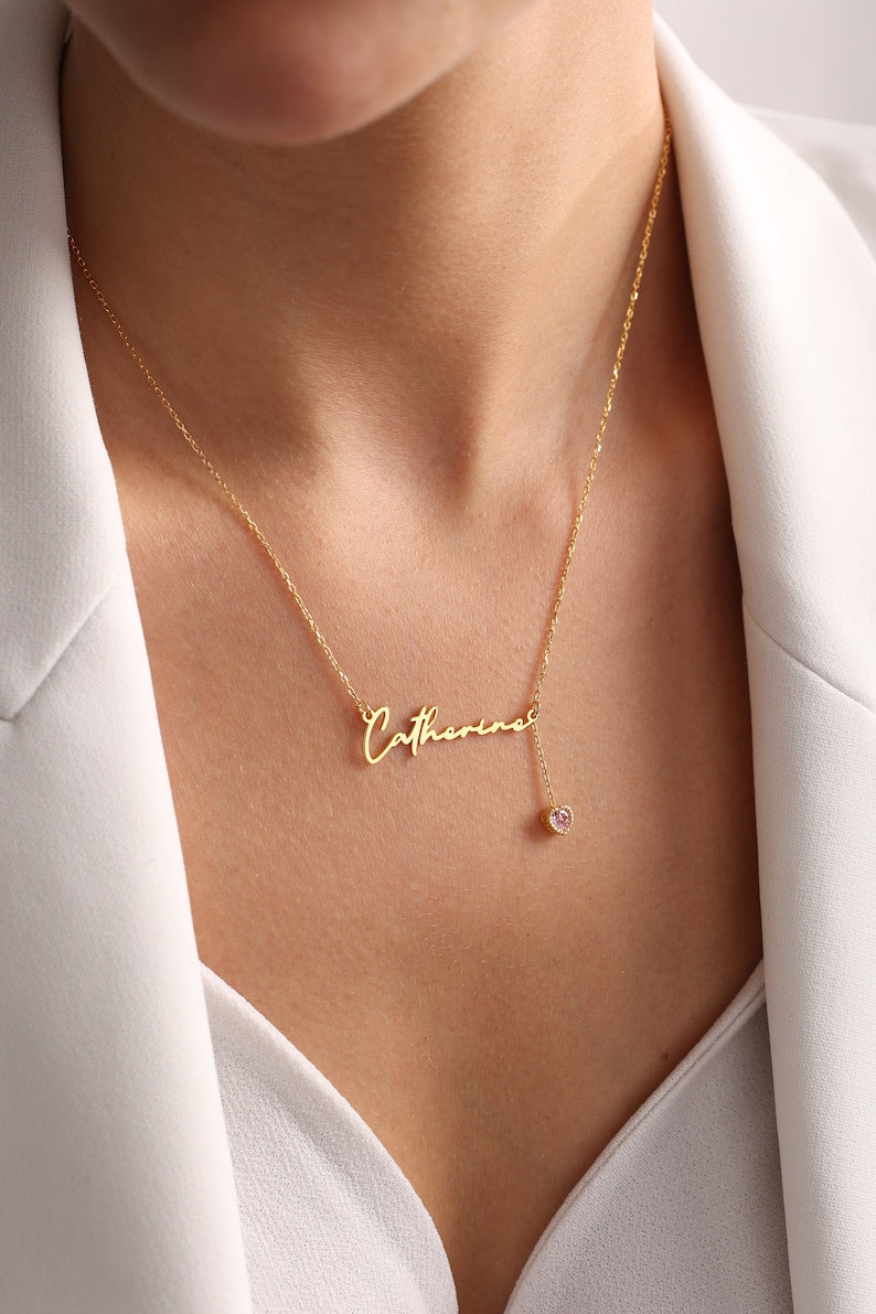 Personalized Cursive Name Necklace with Birthstone Charm