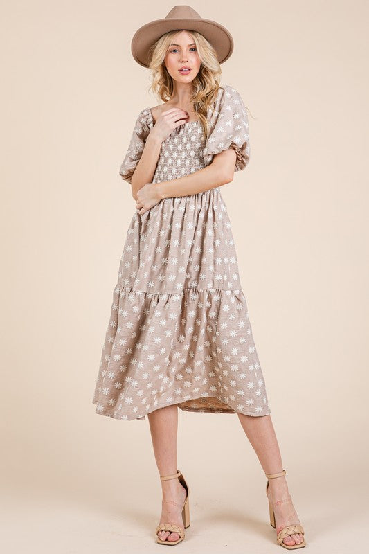 Floral Embroidered Smocked Puff Sleeve Tiered Midi Dress
