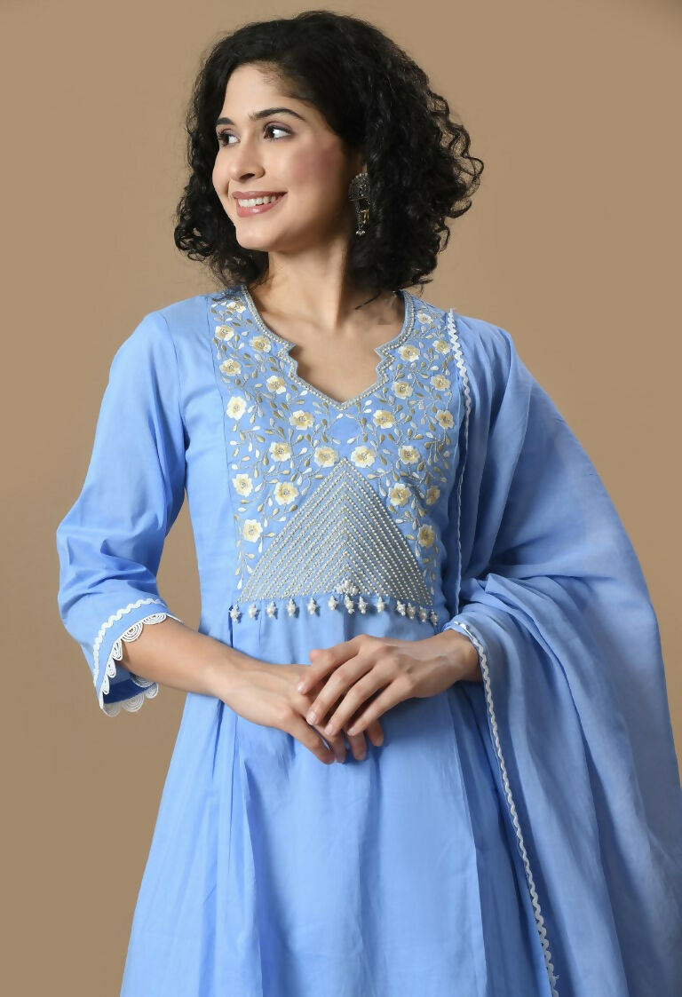 Light Blue Cotton Kurta Set with Organza Dupatta - 3 Piece Suit