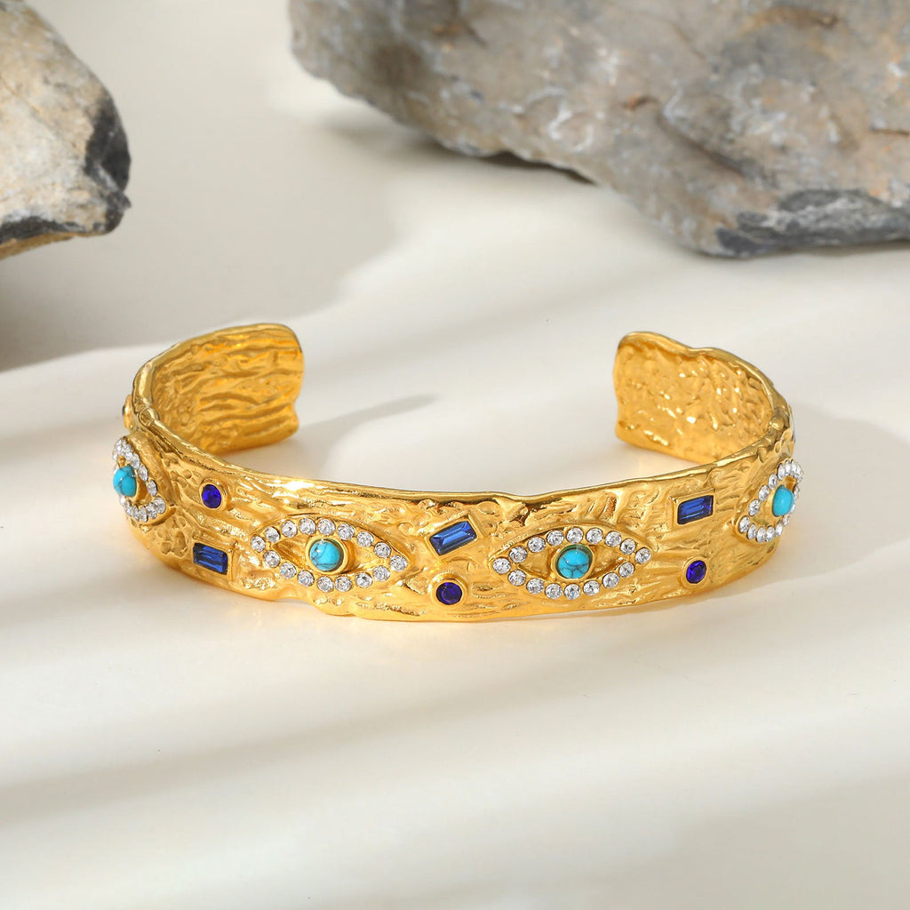 Gold Tone Stainless Steel Zircon Turquoise Eye Open Cuff Bracelet
