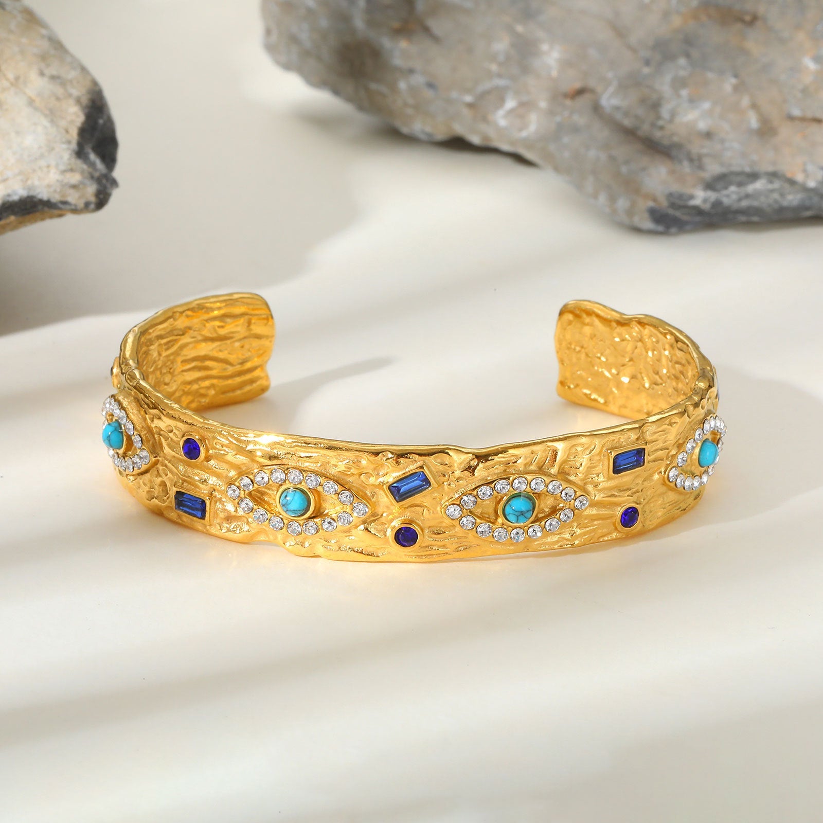 Gold Tone Stainless Steel Zircon Turquoise Eye Open Cuff Bracelet