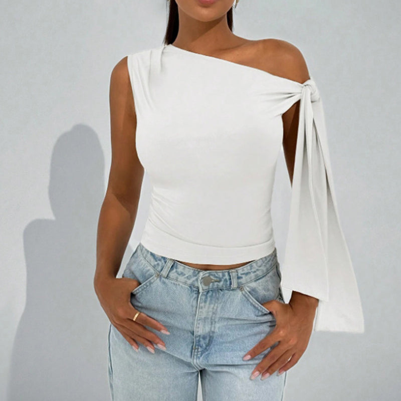 White One-Shoulder Asymmetrical Tie-Shoulder Going Out Party Top