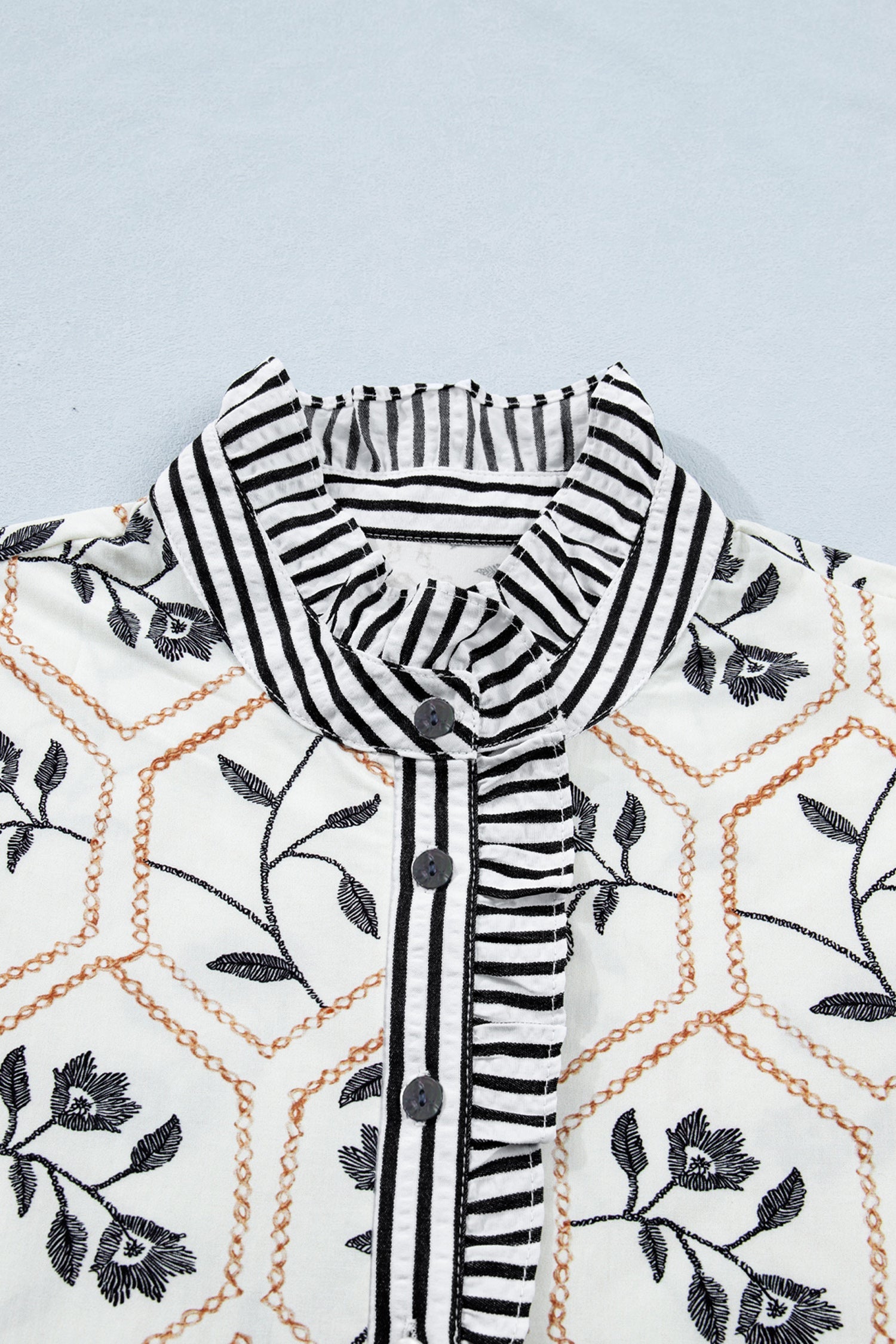 Women's Floral Stripe Patchwork Button Neck Blouse