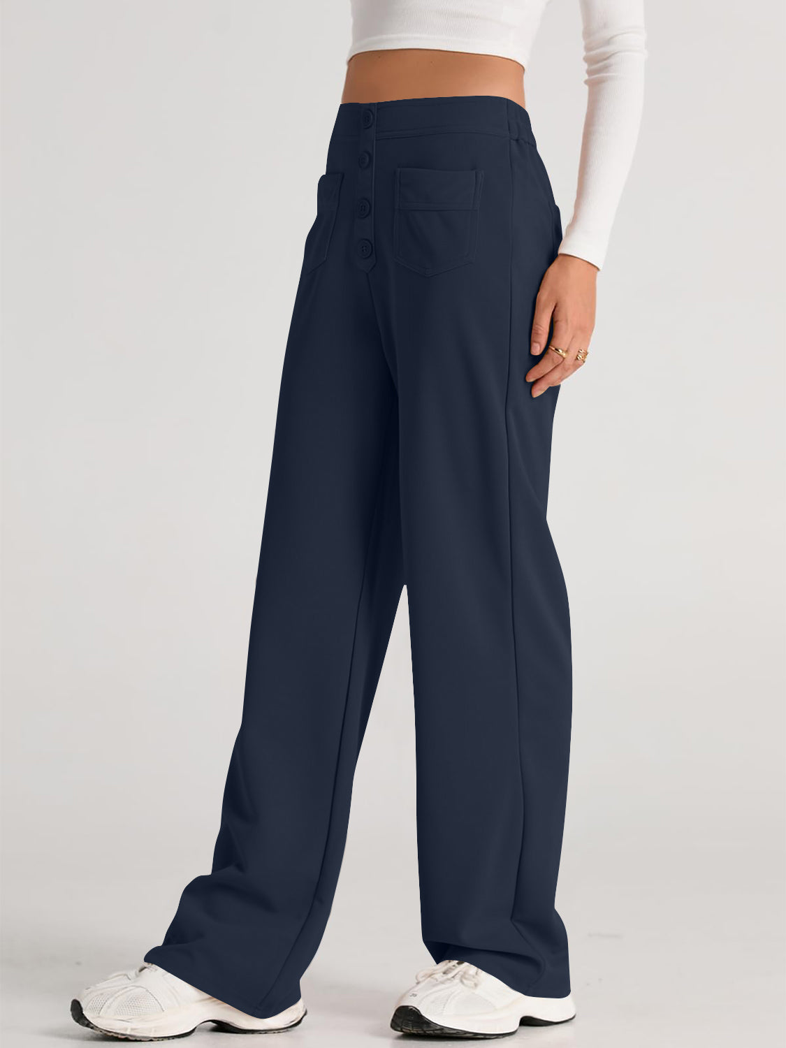 High Waist Wide Leg Pants | Black Polyester Relaxed Fit