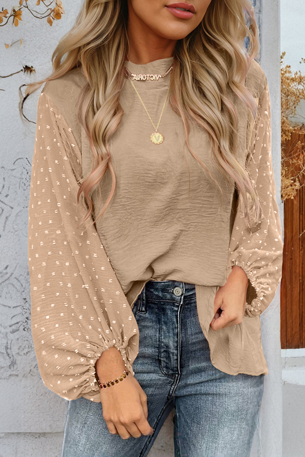 Solid Swiss Dot Balloon Sleeve Blouse