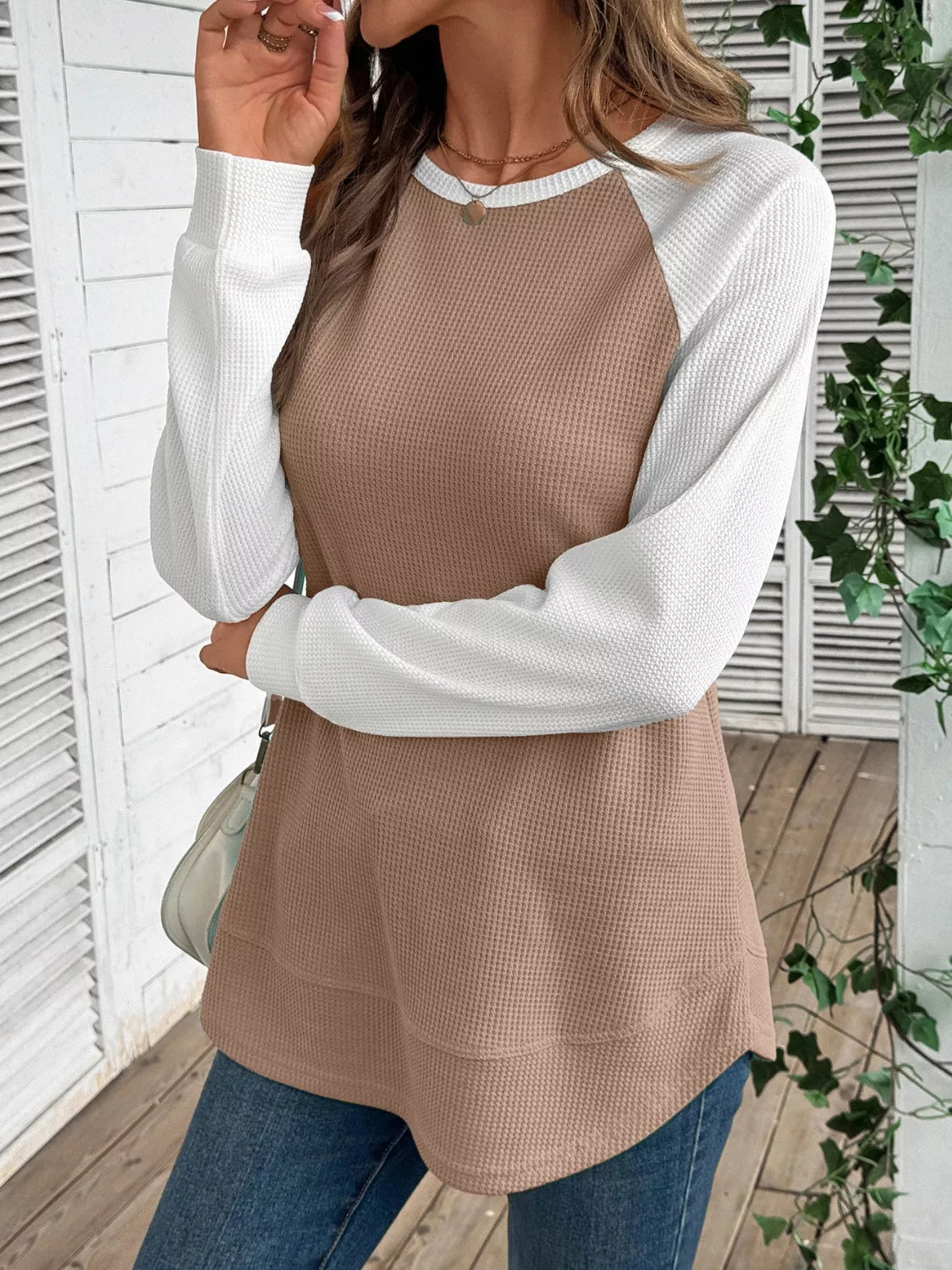 Waffle Knit Raglan Sleeve T-Shirt | Relaxed Fit Crew Neck